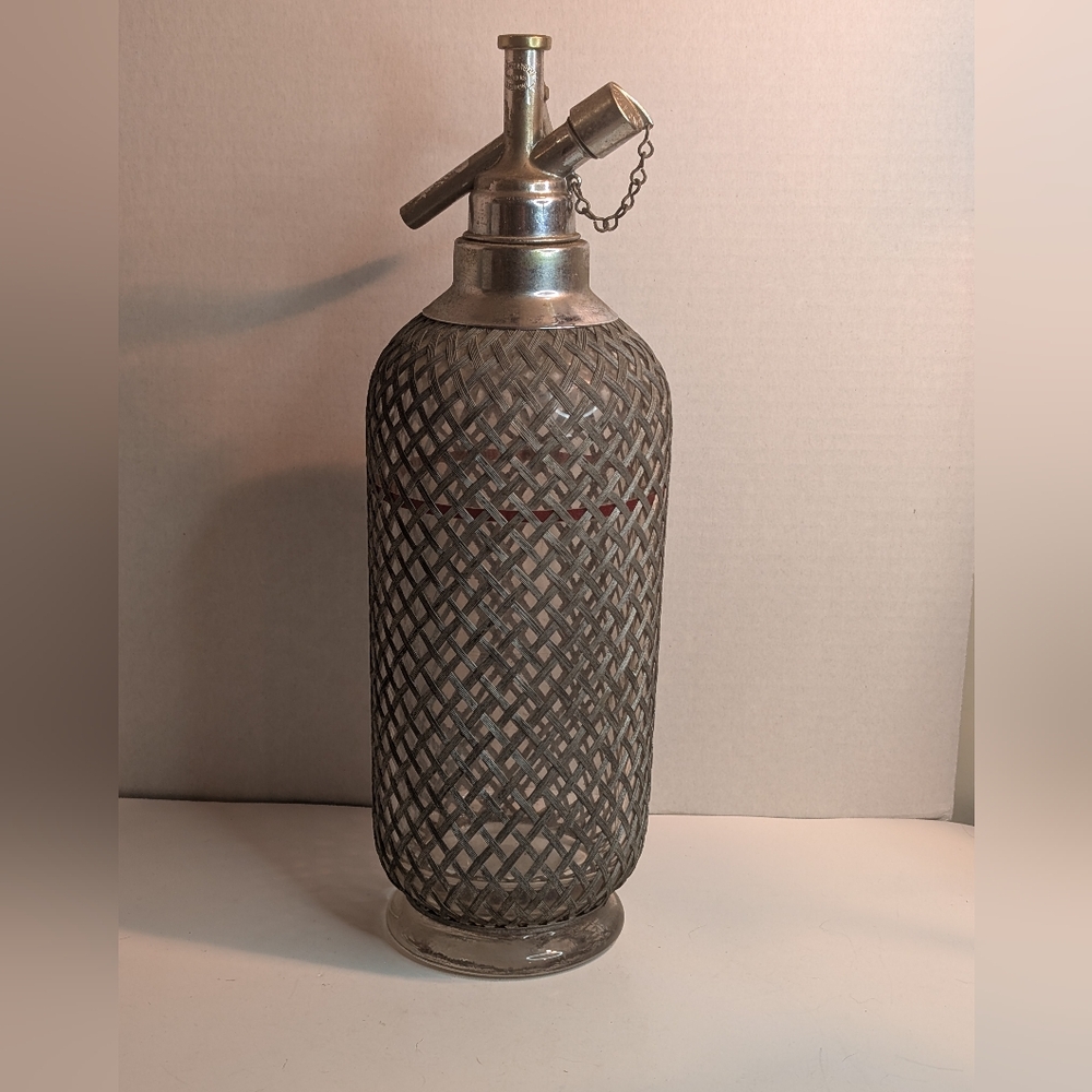 Vintage Sparklets Soda Siphon Seltzer Glass Wire Mesh Bar Water Bottle.